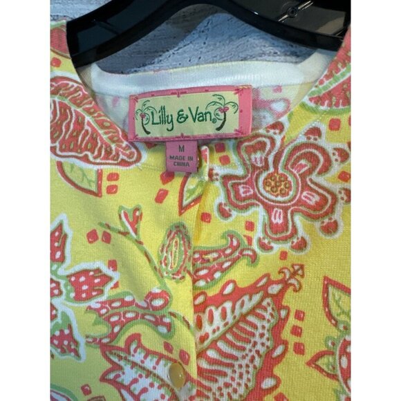 Lilly & Van Long Sleeve Yellow Floral Cardigan Sweater M - Picture 2 of 4